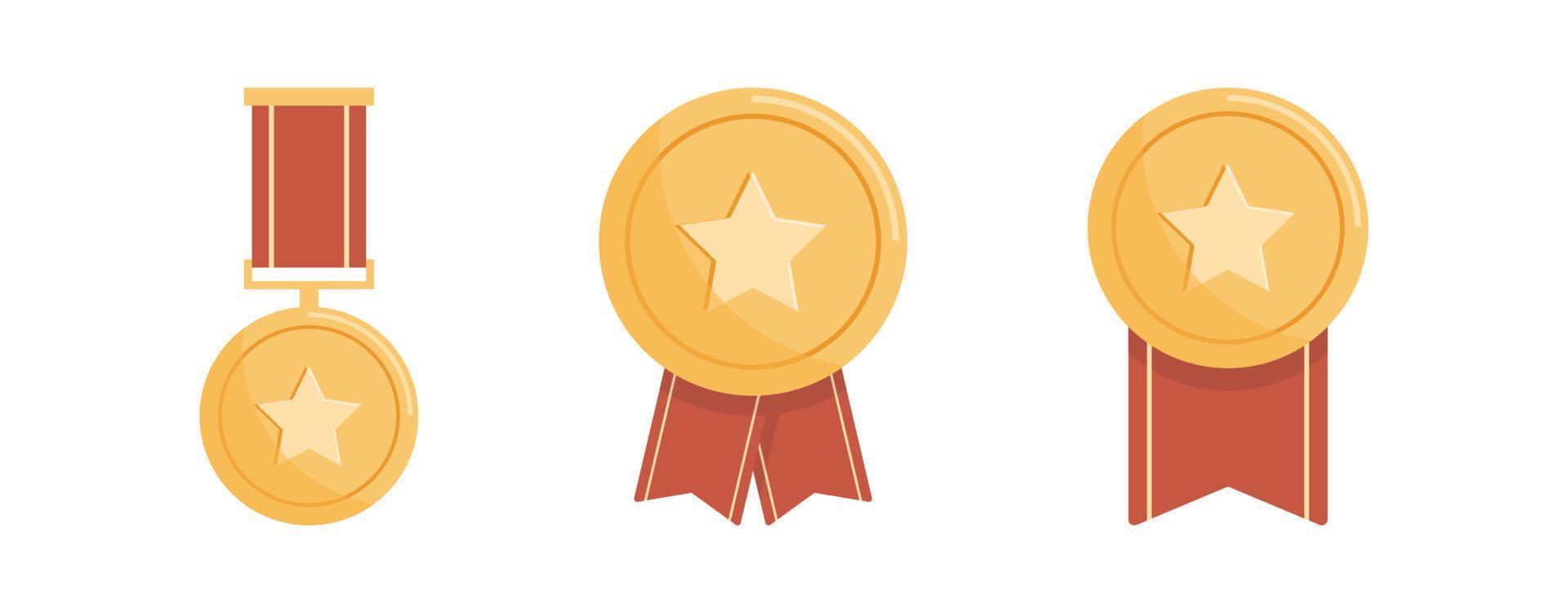 Gold star badge and red ribbon flat vector illustration.