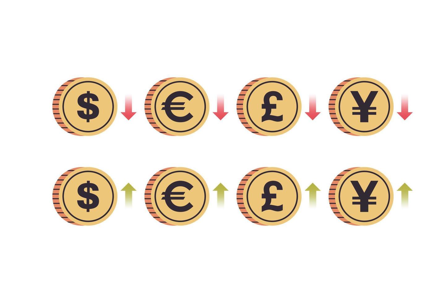 International currency coins and dollar, euro, pound, yen with up and down arrows on white background horizontal full length flat vector illustration.