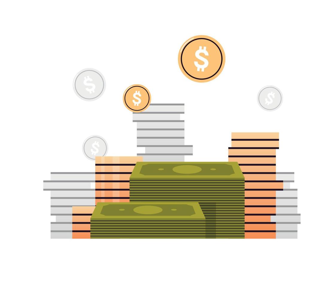 pila de monedas y dinero apilado de billetes, ilustración de vector plano de pila de efectivo de centavo dorado.