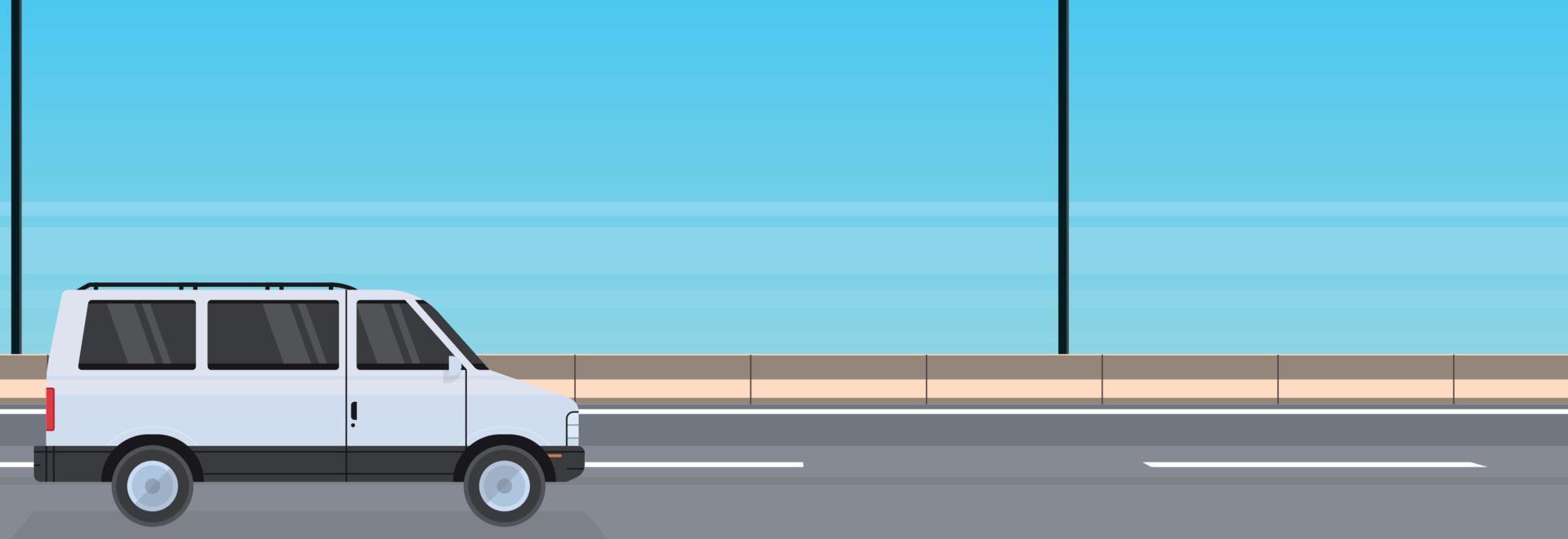 Minivan courier on highway asphalt road and minivan truck design flat vector illustration.