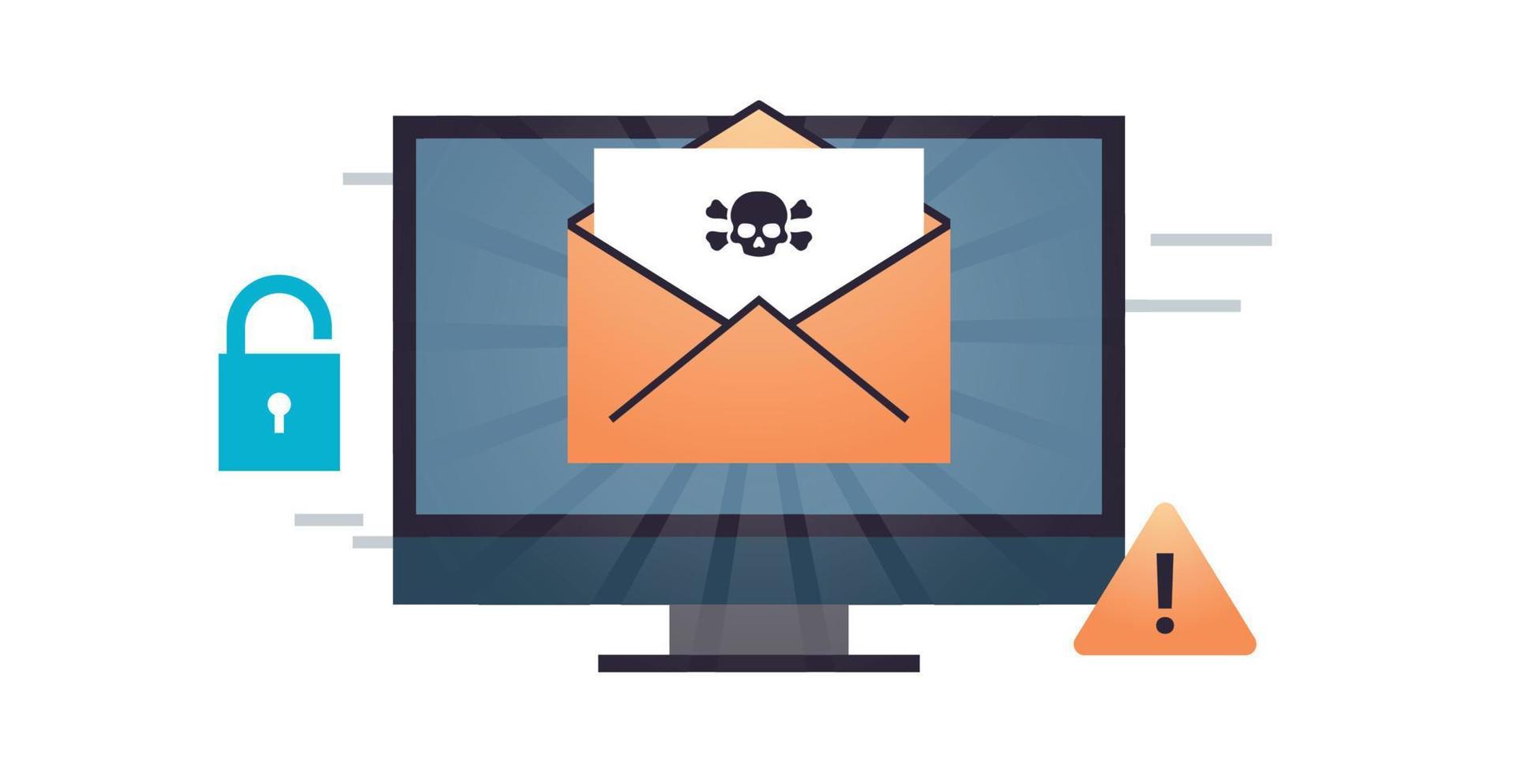 Concept of cyber crime and computer show malwre screen that comes with email flat vector illustration.