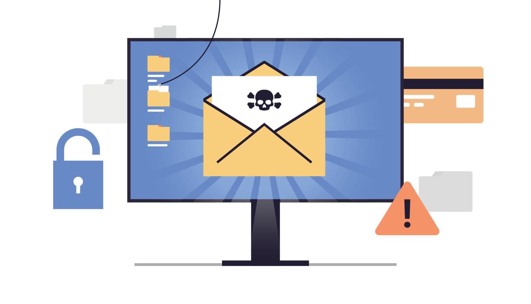 Hackers and cybercriminals phishing and stealing private personal data, credentials, password, documents email and credit card attacking flat vector illustration.