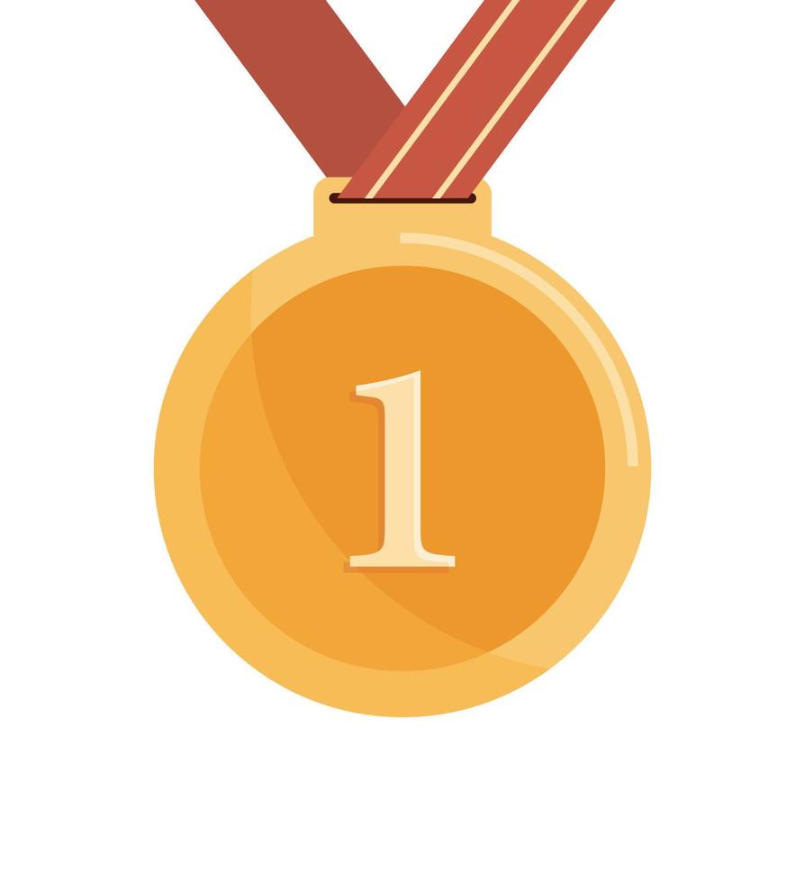 First prize gold medal and red ribbon flat vector illustration.