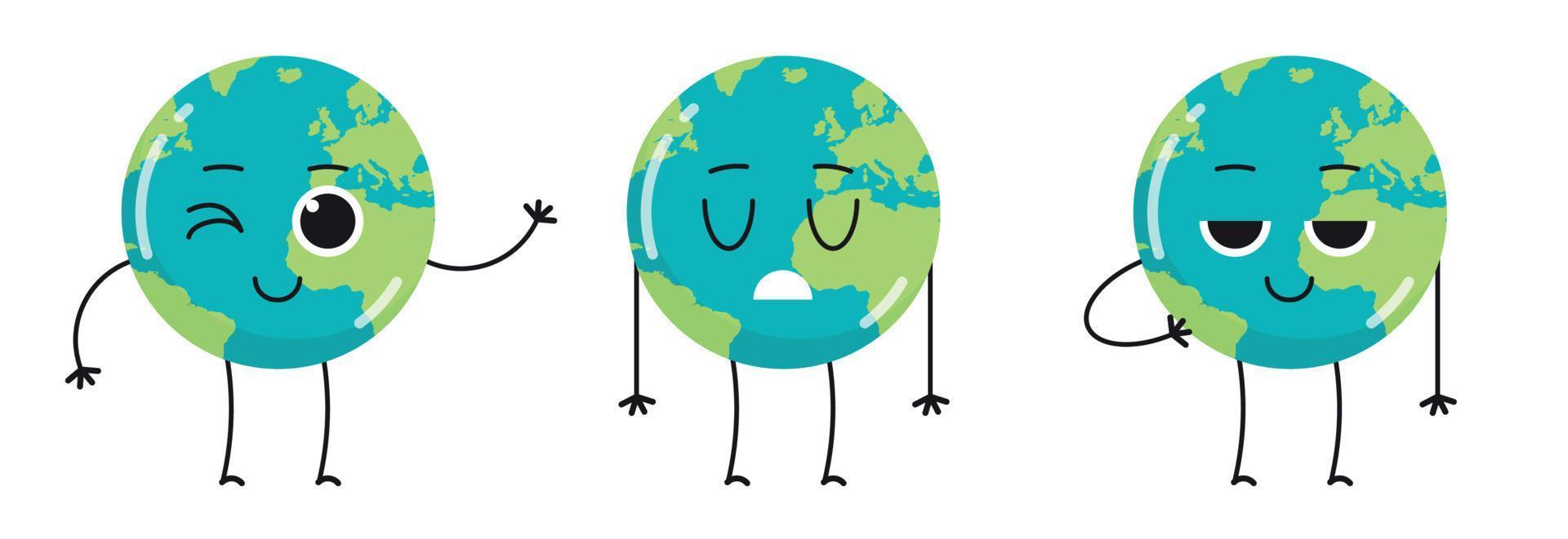 Cute earth characters different emotions and cartoon mascot globe collection set flat vector illustration.