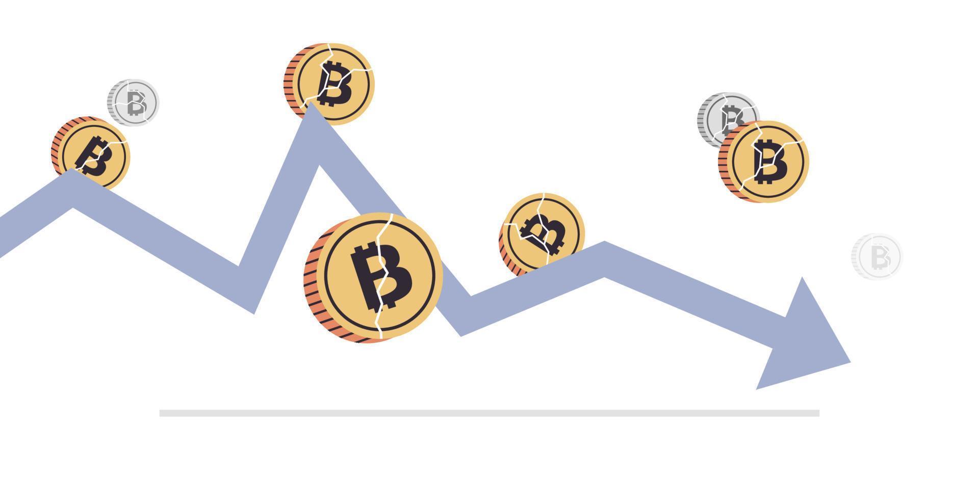 flecha hacia abajo de la criptomoneda y caída del precio del bitcoin colapso pérdida criptográfica crisis de riesgo de inversión ilustración vectorial plana. vector