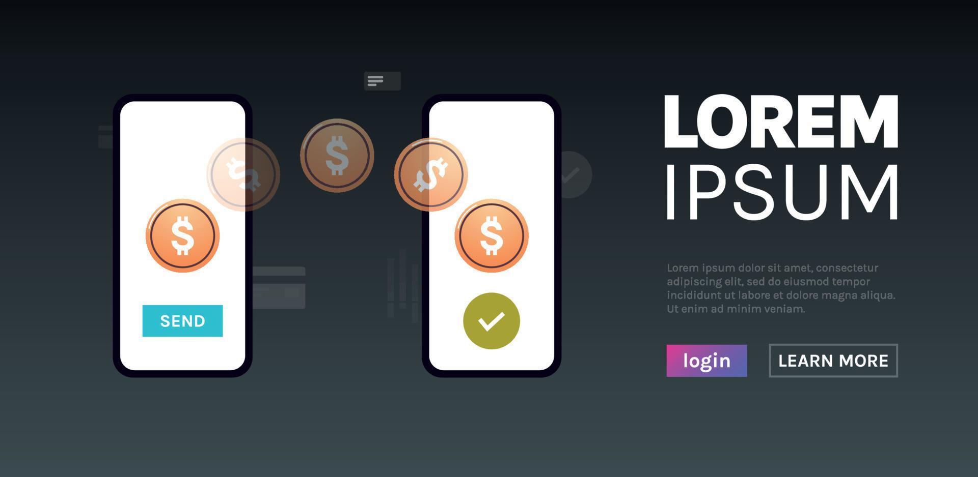 Money transfer on smartphone and financial payment transaction flat vector illustration.