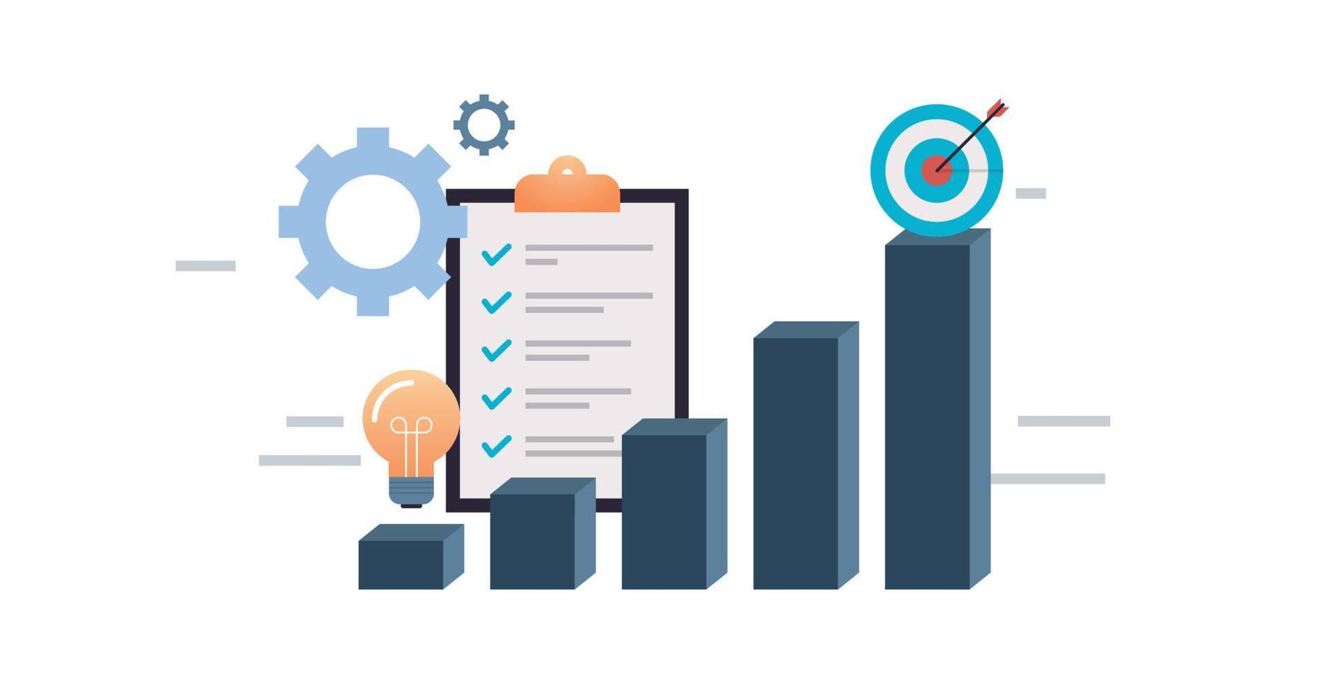 concepto de planificación empresarial estratégica y misión empresarial, visión, declaración, perspicacia competitiva, objetivos, éxito, metáfora de lealtad, gran ilustración vectorial plana de inicio. vector