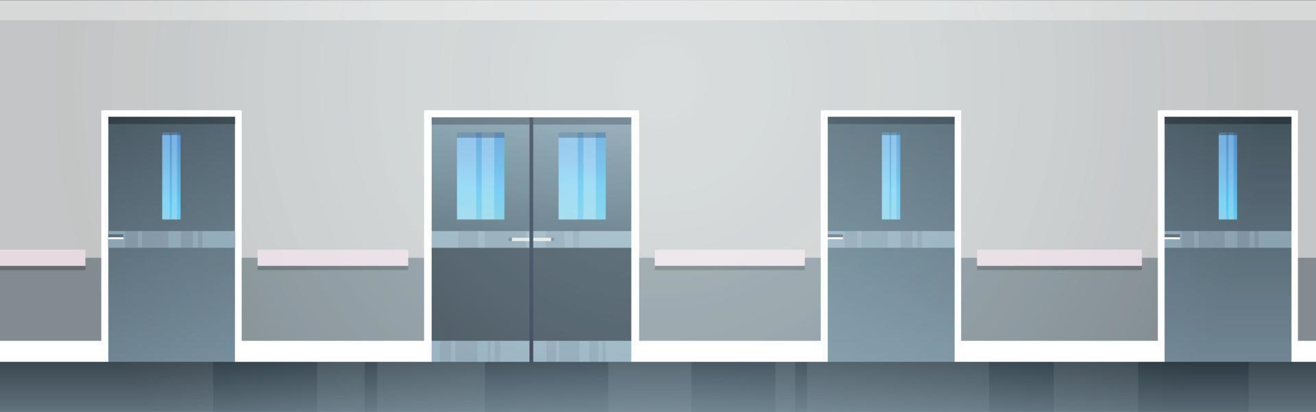 Empty hospital corridor area no people and open space modern hospital rooms corridor interior design flat vector illustration.