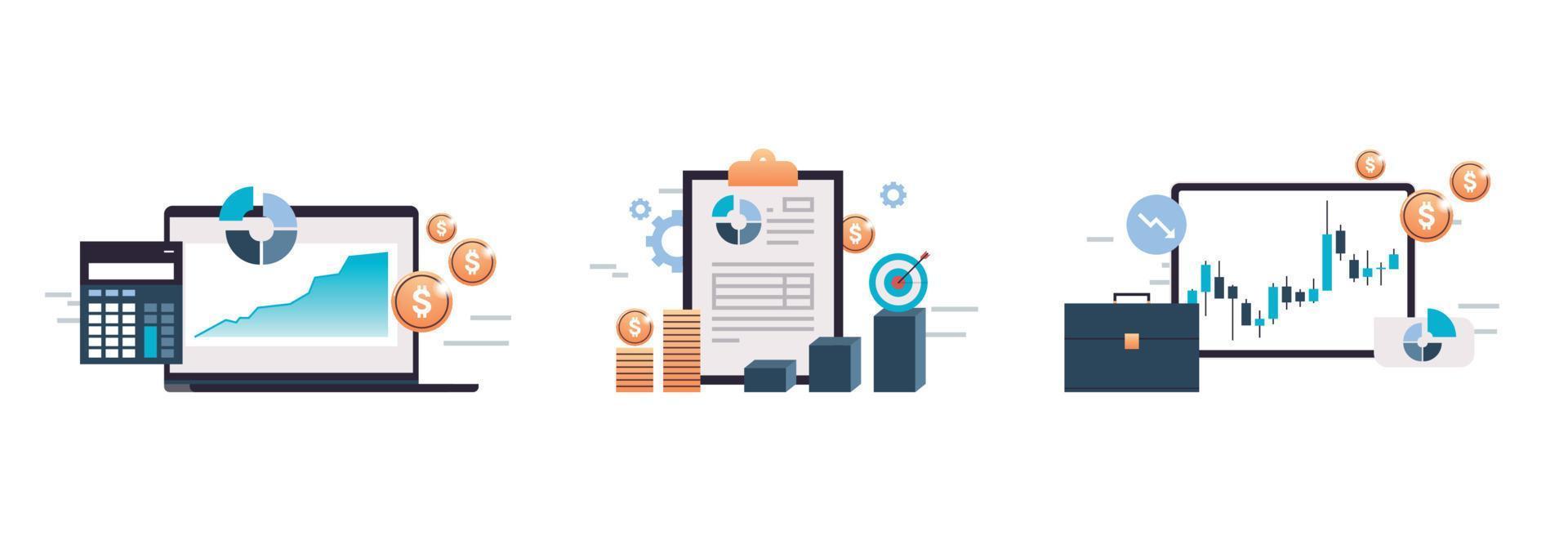 Digital tablet computer analyzing sales data, data management system and business strategy concept flat vector illustration.