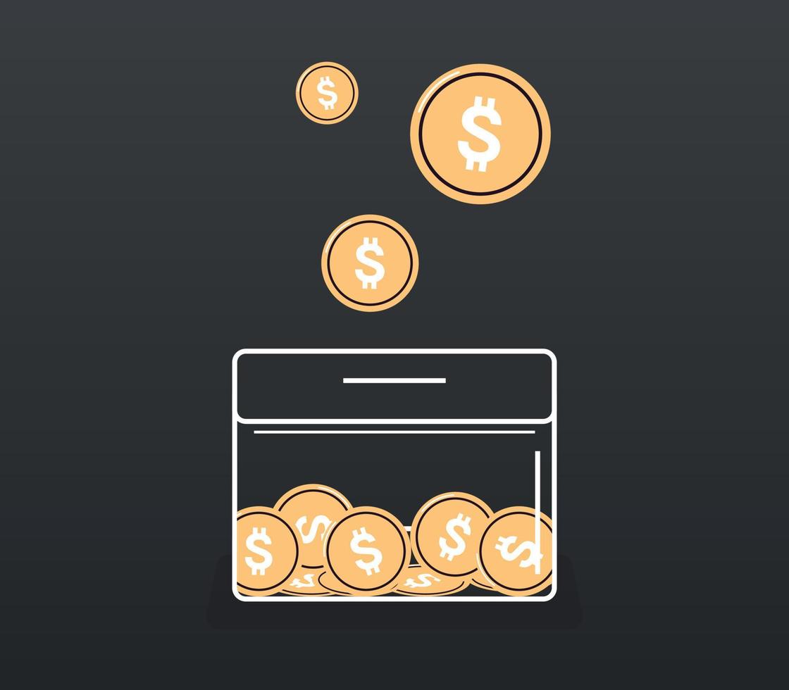 caja de dinero y ahorro de fondos de inversión, ahorro de monedas, concepto de donación ilustración vectorial plana. vector
