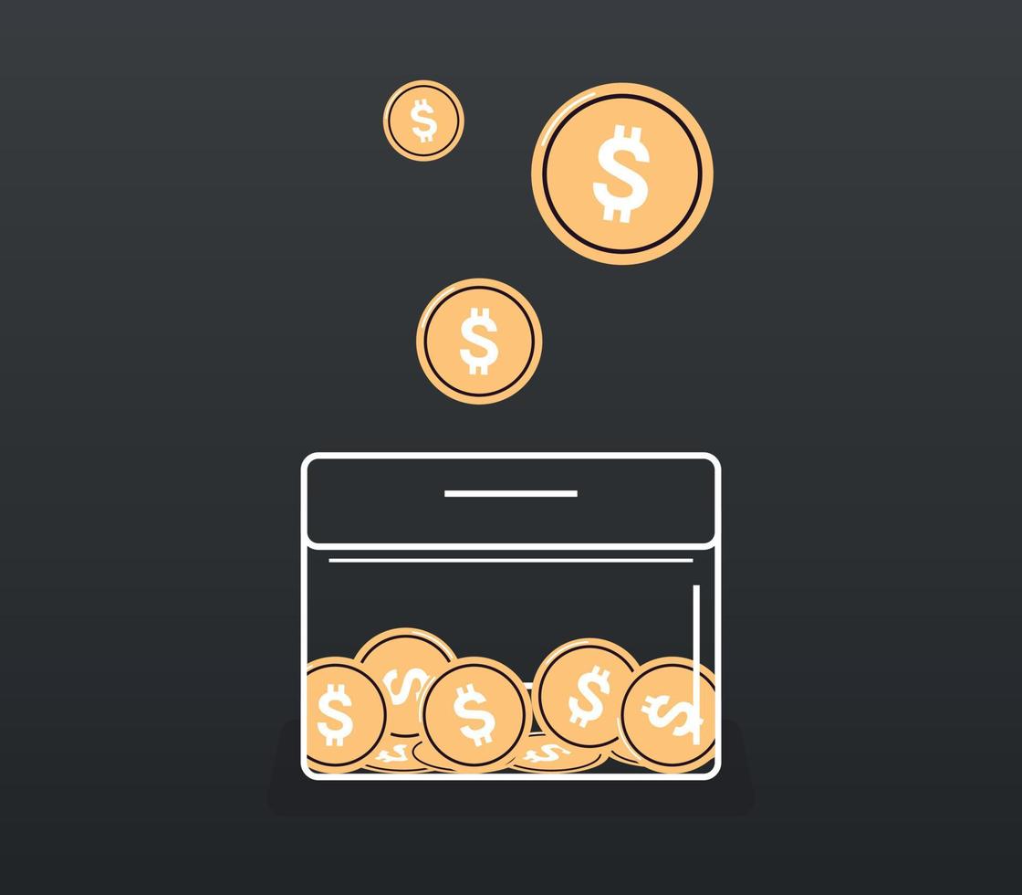 Moneybox and investing fund savings, saving coins, donation concept flat vector illustration.