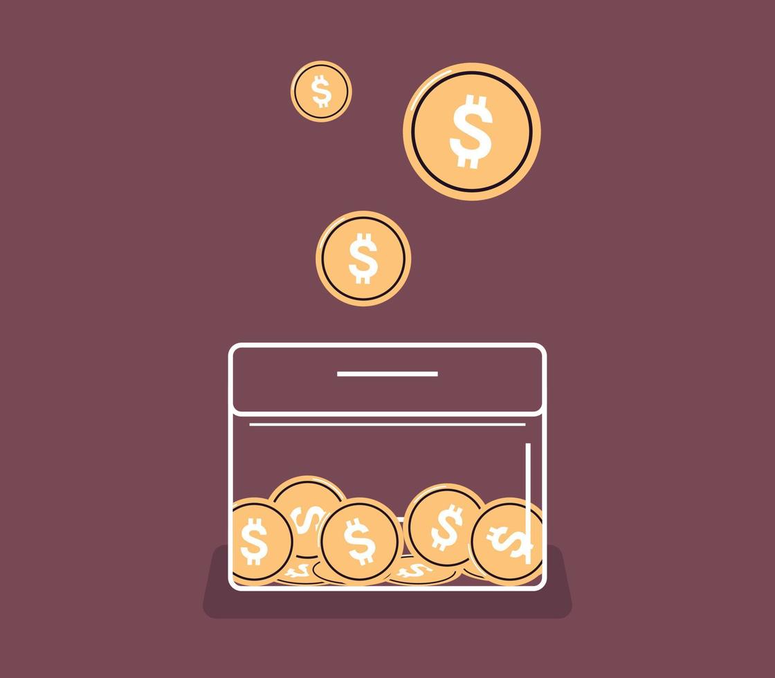 caja de dinero y ahorro de fondos de inversión, ahorro de monedas, concepto de donación ilustración vectorial plana. vector