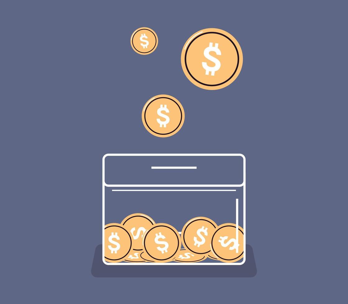 Moneybox and investing fund savings, saving coins, donation concept flat vector illustration.