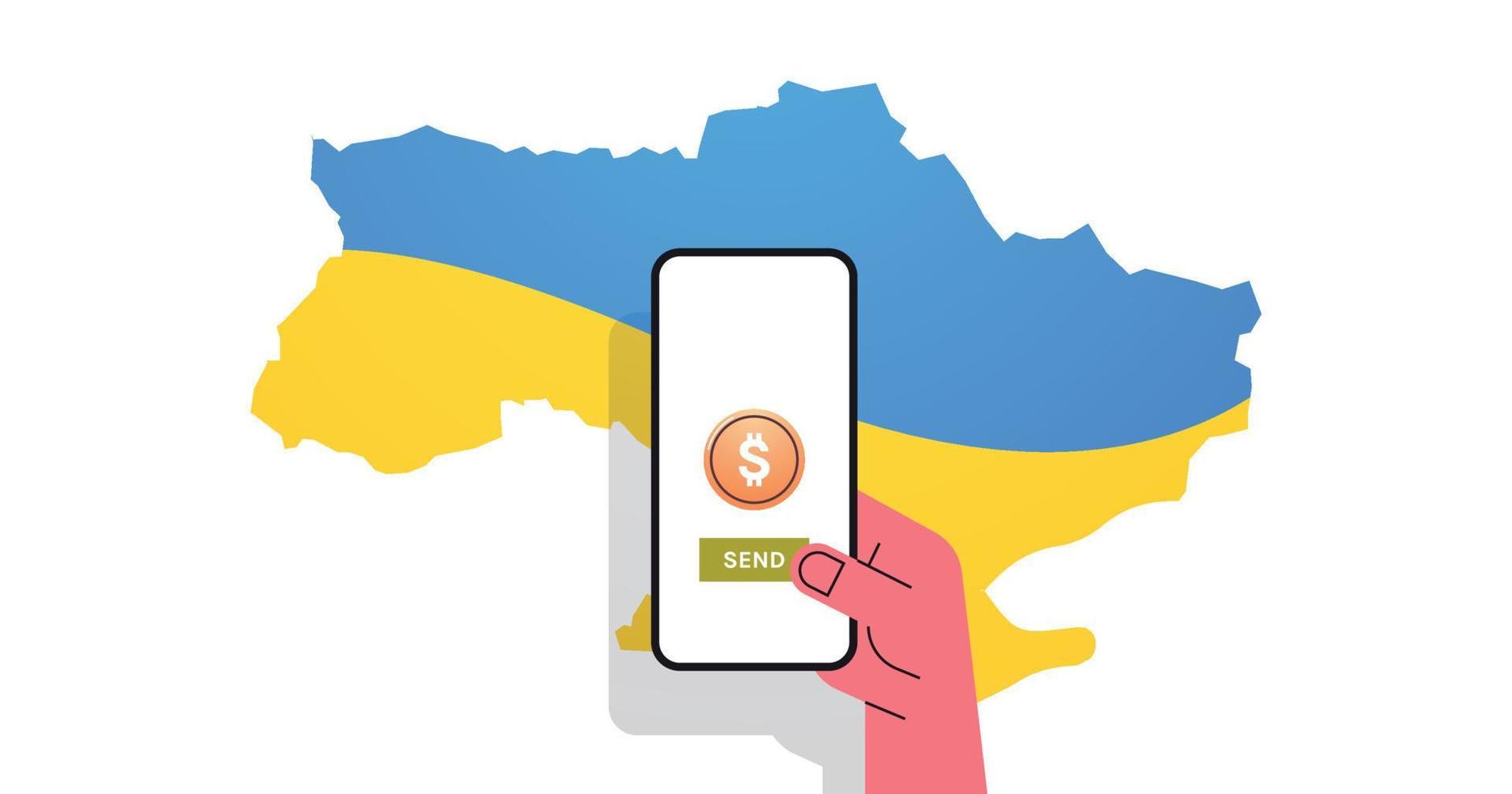 Help Ukraine and human hand using smartphone donation to money help flat vector illustration.