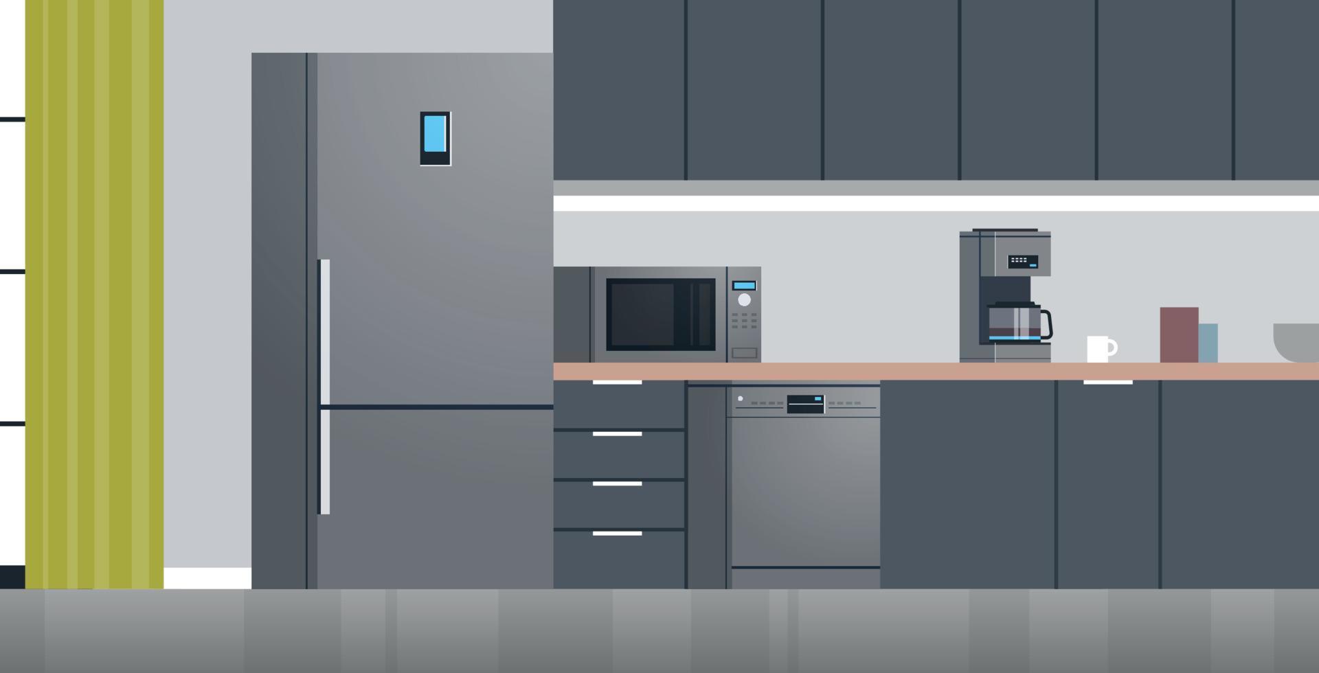 cocina moderna interior sin gente y electrodomésticos concepto diseño plano ilustración. vector