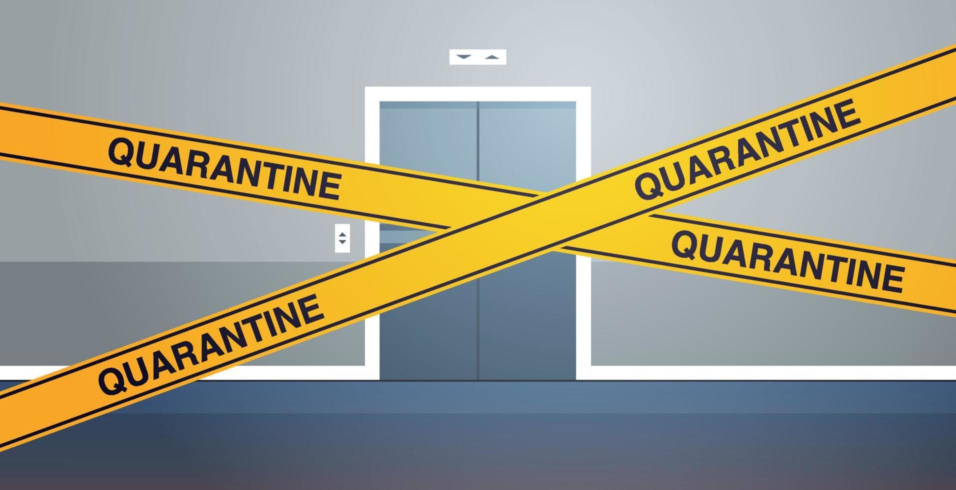 Epidemic coronavirus quarantine caution on yellow warning tape over modern hospital corridor and elevator lobby design flat vector illustration.