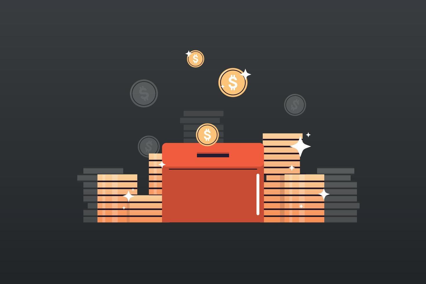 caja de dinero y ahorro de fondos de inversión, ahorro de monedas, concepto de donación ilustración vectorial plana. vector