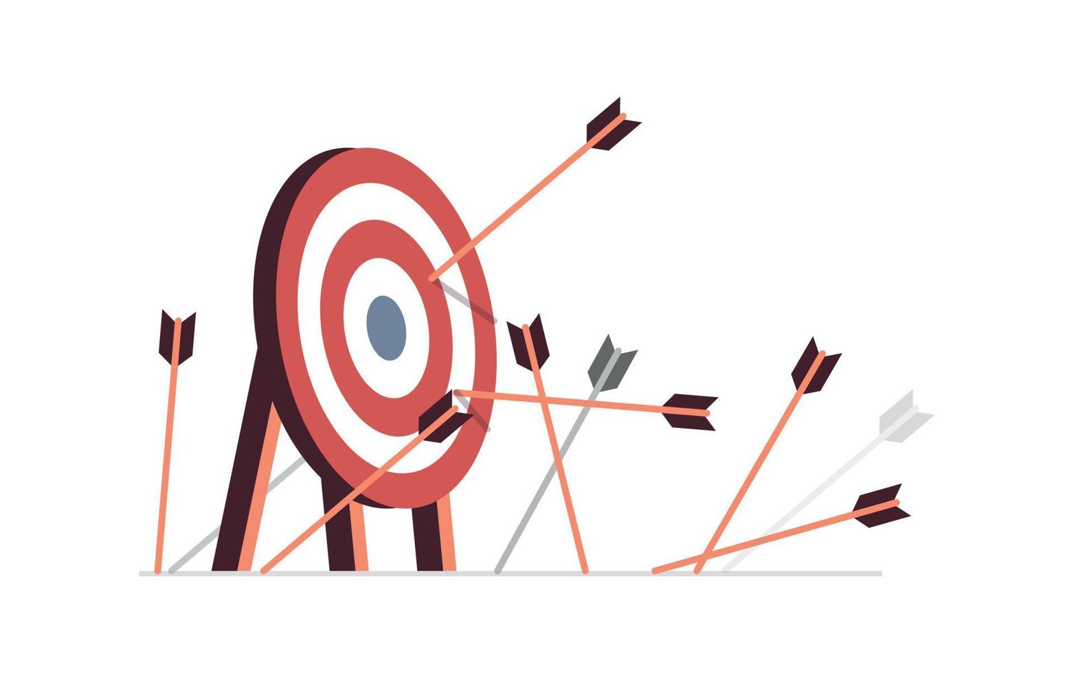 Many arrows missed hitting the target mark and business challenge failure metaphor flat vector illustration.