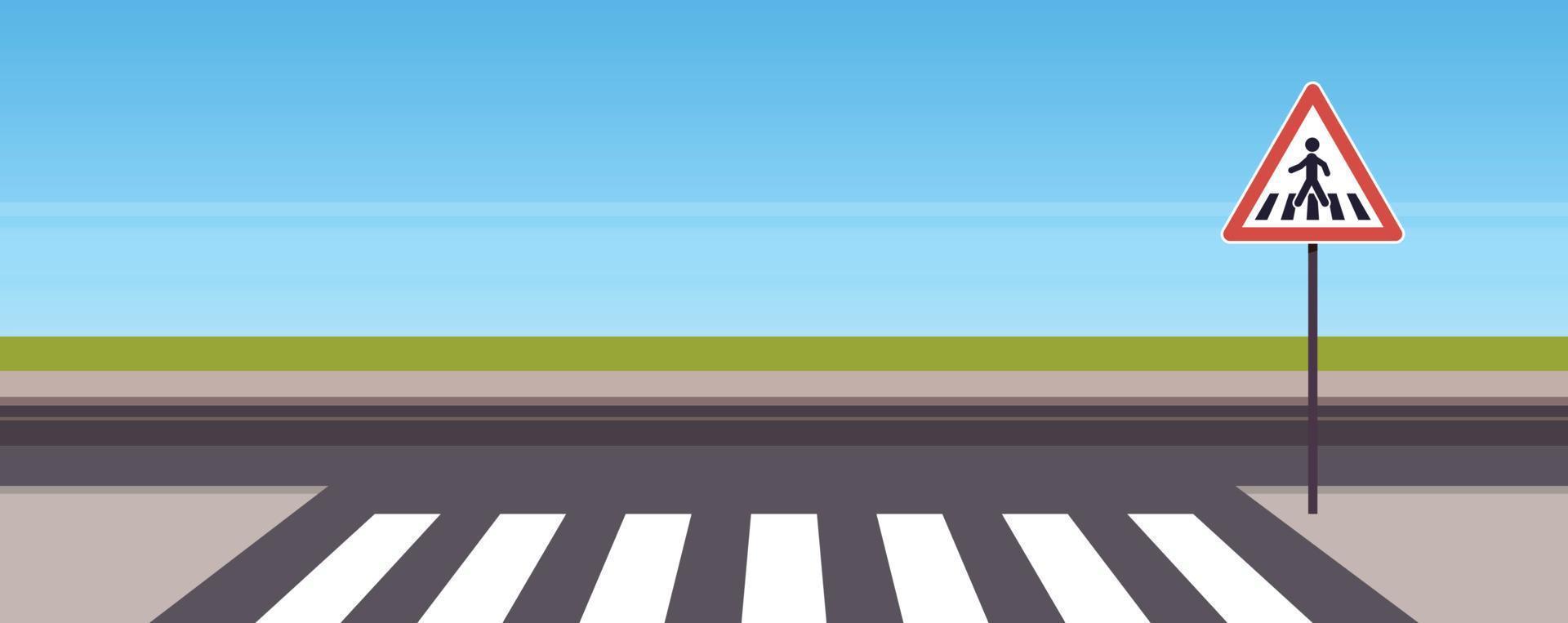 Traffic signs on city road and crosswalk concept flat vector illustration.