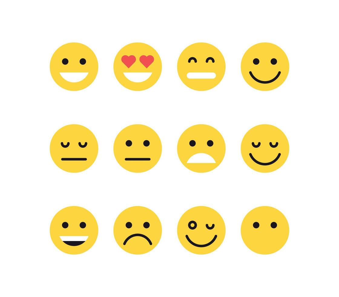 Simple emotion different faces and yellow cartoon emoji flat vector illustration.