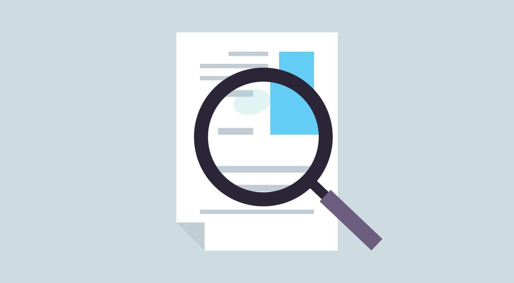 Magnifying glass on paper document and quality control symbol flat vector illustration.