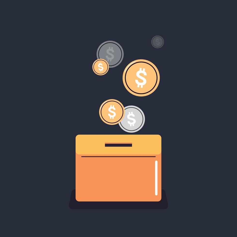 caja de dinero y ahorro de fondos de inversión, ahorro de monedas, concepto de donación ilustración vectorial plana. vector