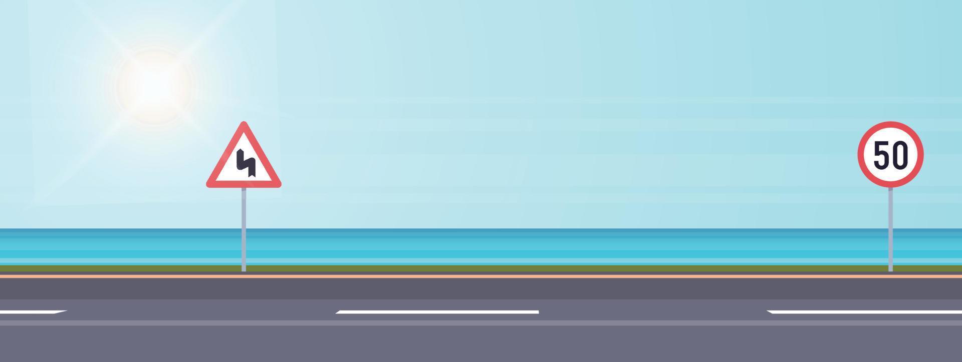 carretera costera y carretera de vacaciones de estilo moderno diseño de viajes al aire libre ilustración vectorial plana. vector