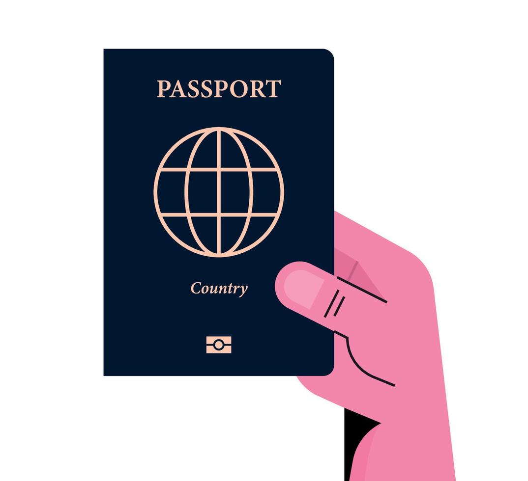 Human hand holding international passport and journey identity flat vector illustration.