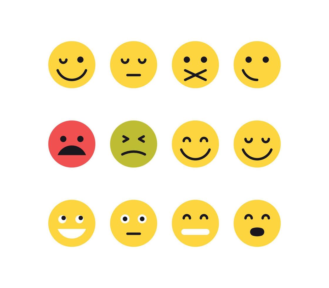 Simple emotion different faces and yellow cartoon emoji flat vector illustration.