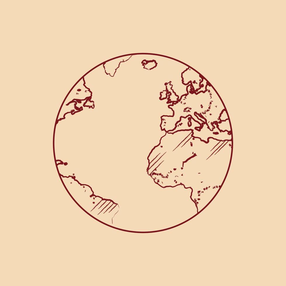 Sketch of planet earth drawings and world map on brown beige card flat vector illustration.