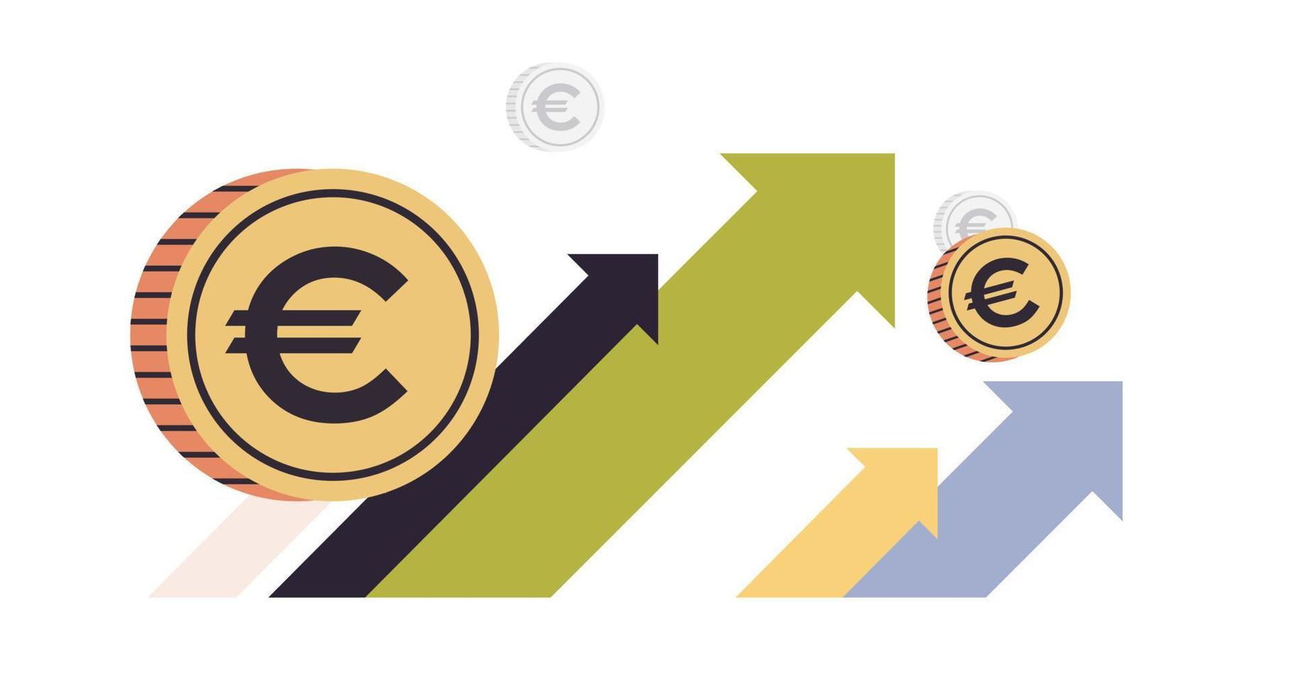 euro dinero flechas hacia arriba y crecimiento financiero concepto exitoso ilustración vectorial plana. vector