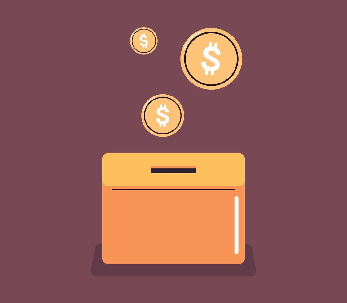 caja de dinero y ahorro de fondos de inversión, ahorro de monedas, concepto de donación ilustración vectorial plana. vector