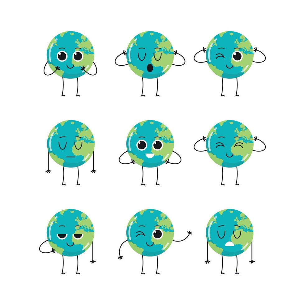 Cute earth characters different emotions and cartoon mascot globe collection set flat vector illustration.