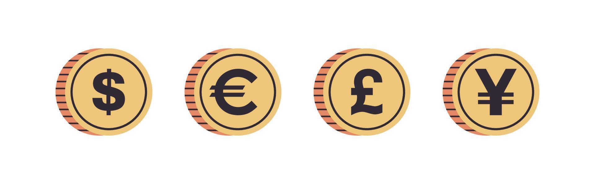 International currency coins and dollar, euro, pound, yen on white background horizontal full length flat vector illustration.