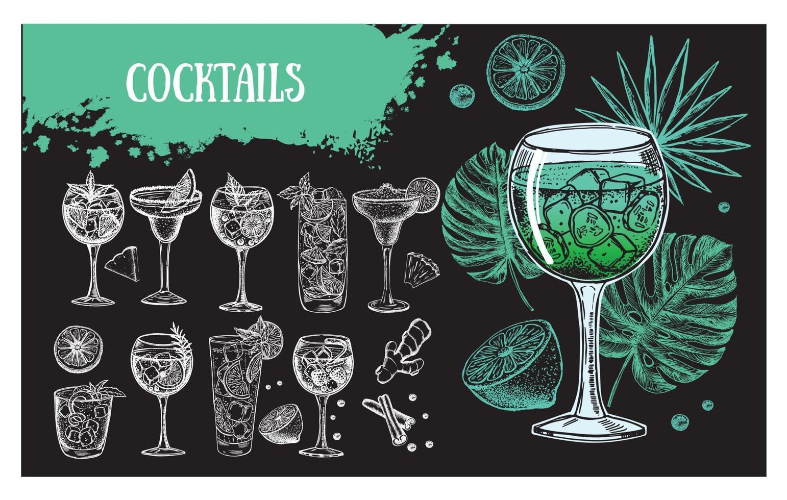 Cocktail menu design template. Alcoholic cocktails hand drawn. vector