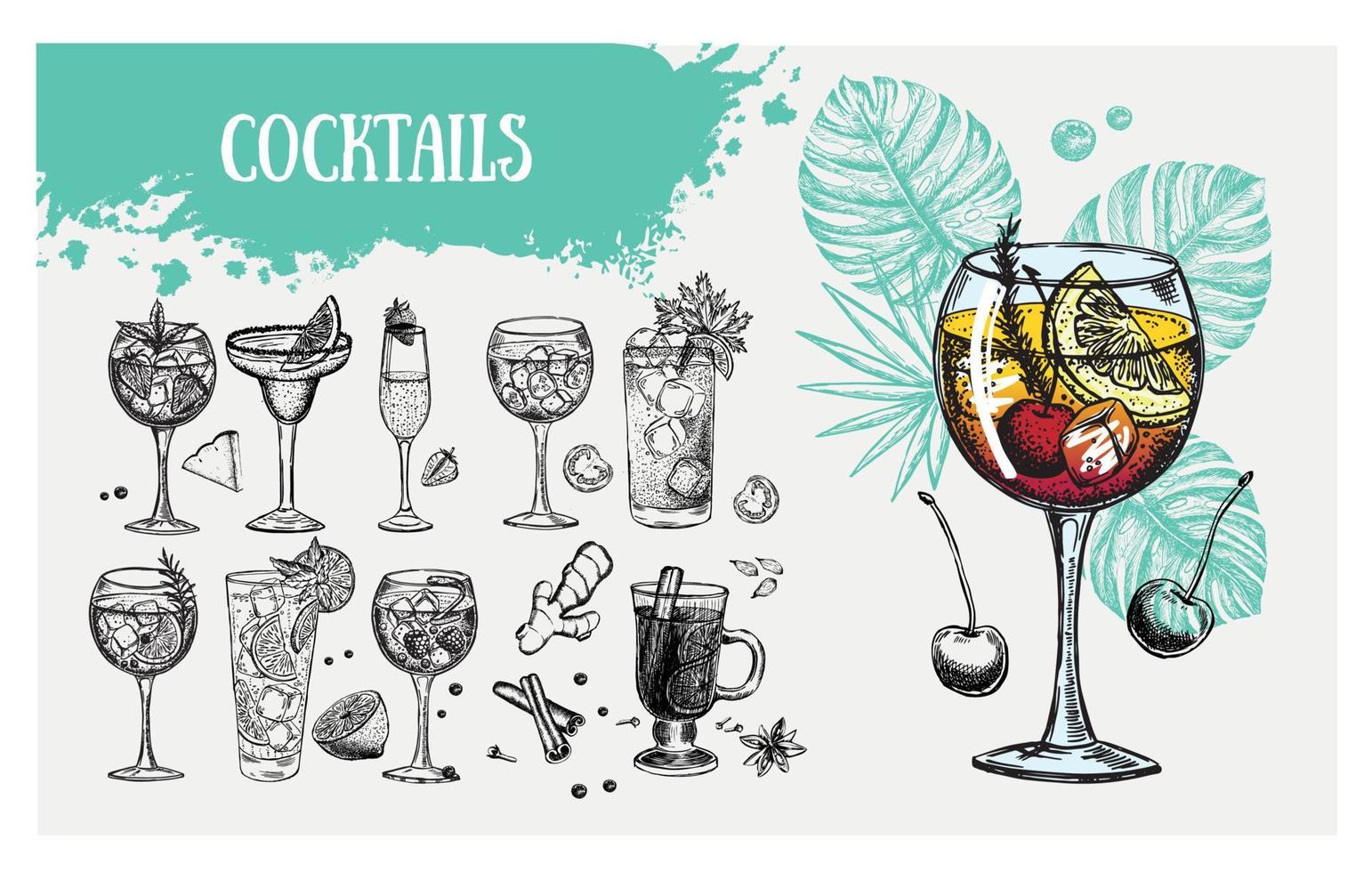 Cocktail menu design template. Alcoholic cocktails hand drawn. vector