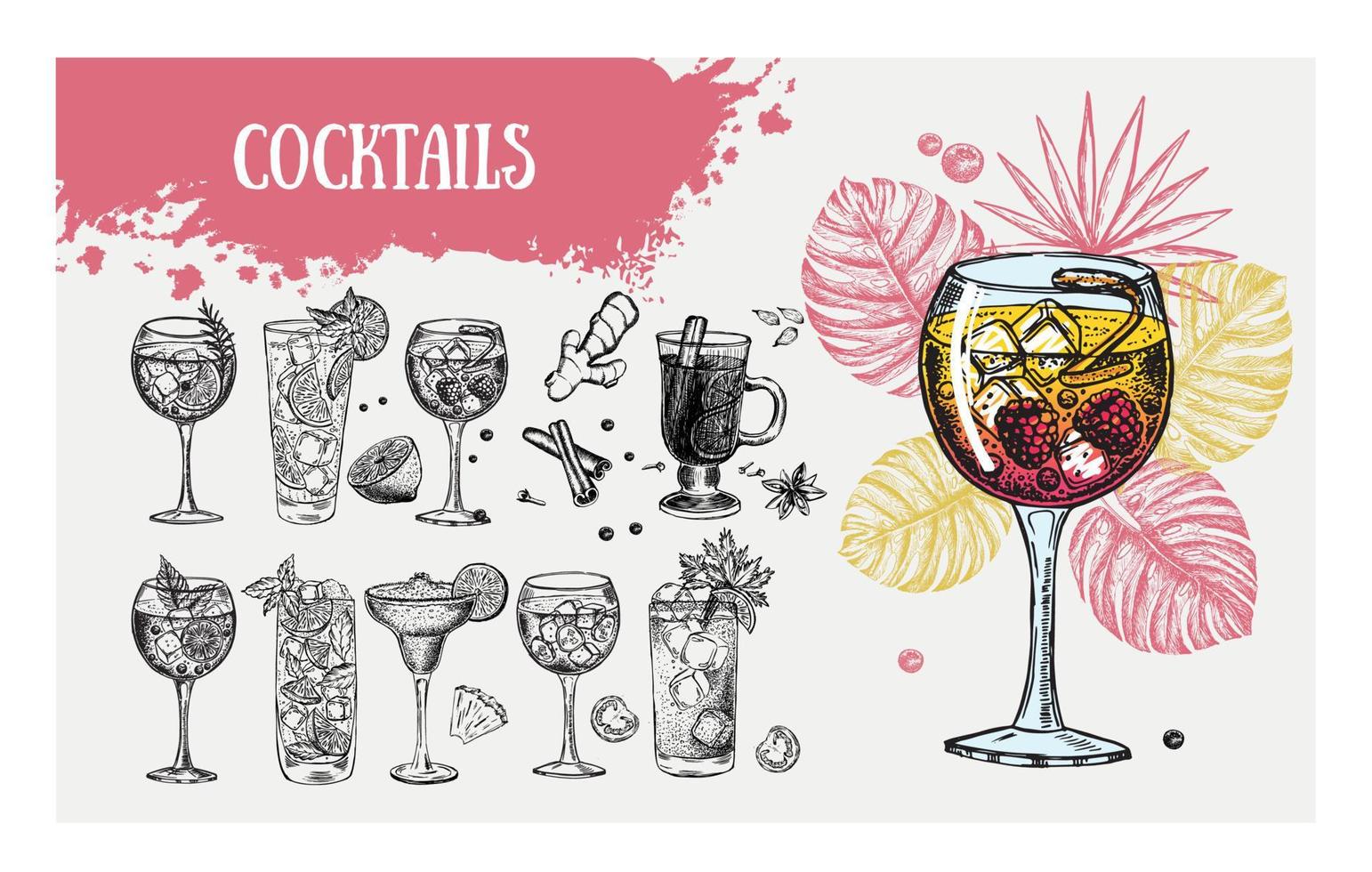 Cocktail menu design template. Alcoholic cocktails hand drawn. vector