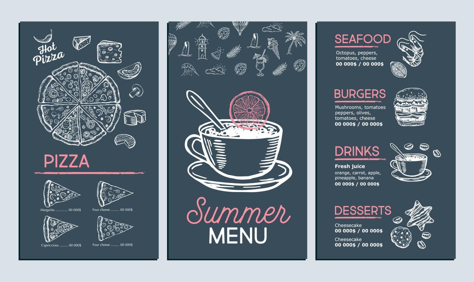 Summer menu, template design. Food flyer. Hand-drawn style. Vector illustration.