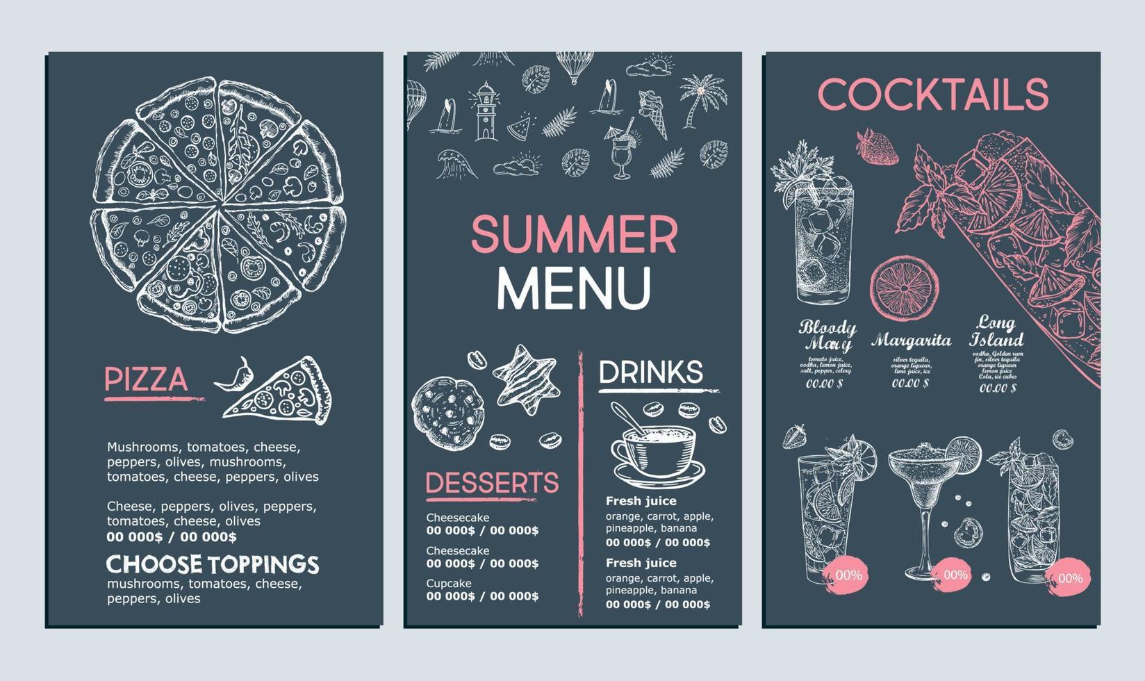 Summer menu, template design. Food flyer. Hand-drawn style. Vector illustration.