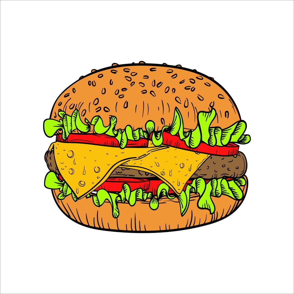 Colorful meal burger menu with hamburger, cheeseburger hand drawn sketch. Fast food with bun, meat, vegetable burger, onion ring, lettuce, sauce, vector isolated on white background