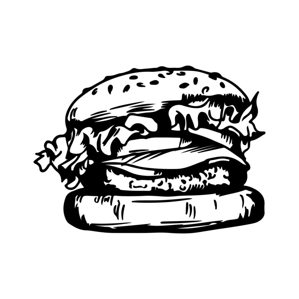 menú de hamburguesas de croquis dibujado a mano con hamburguesa, hamburguesa con queso. comida rápida con carne, hamburguesa vegetal, aro de cebolla, lechuga, salsa, línea vectorial aislada en fondo blanco vector