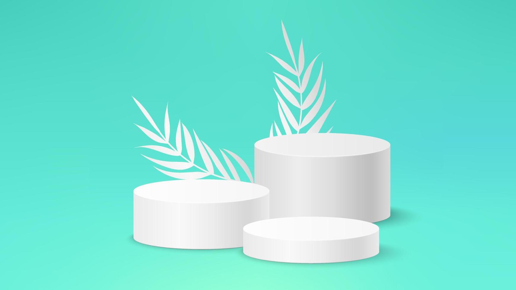 White and cyan 3d background product display podium scene with leaf geometric platform. Stand to show cosmetic product. Realistic paper leaves stage showcase on pedestal display blue green backdrop. vector