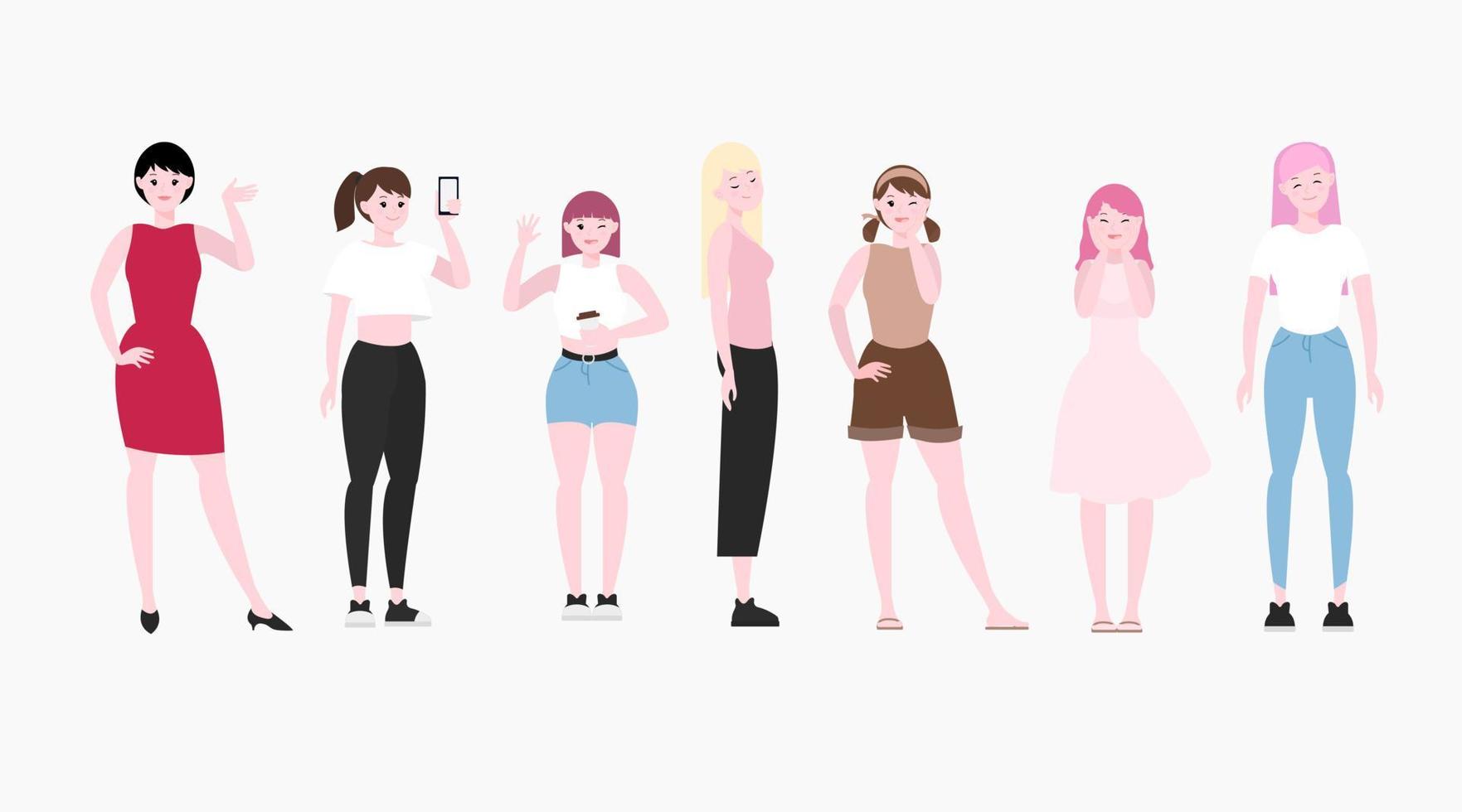 mujeres lindas diferentes poses, ilustración de dibujos animados plana de amistad de chicas. traje moderno de moda, concepto deportivo, dama de oficina, caminar con café, hablar por teléfono, look casual. vector