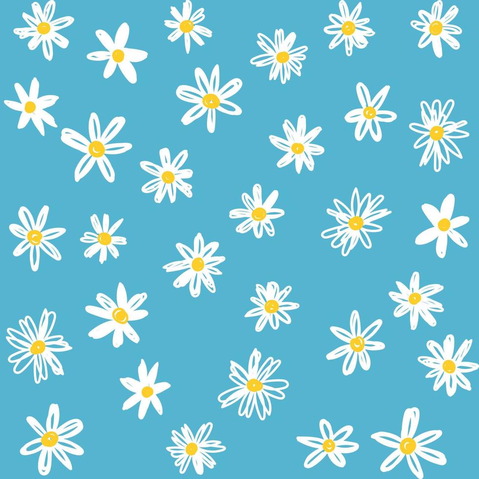 Chamomile floral pattern in small white flowers. Floral seamless background of daisy for fashion prints. Seamless vector texture. Spring bouquet in sketch style on blue
