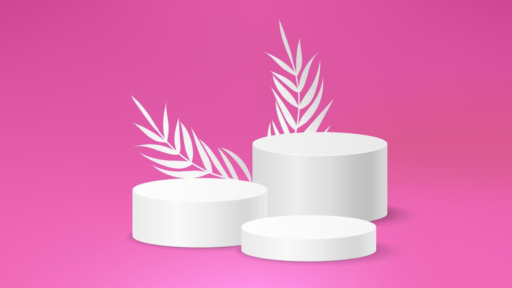 White and pink 3d background product display podium scene with leaf geometric platform. Stand to show cosmetic product. Realistic paper leaves stage showcase on pedestal display Fuchsia backdrop. vector