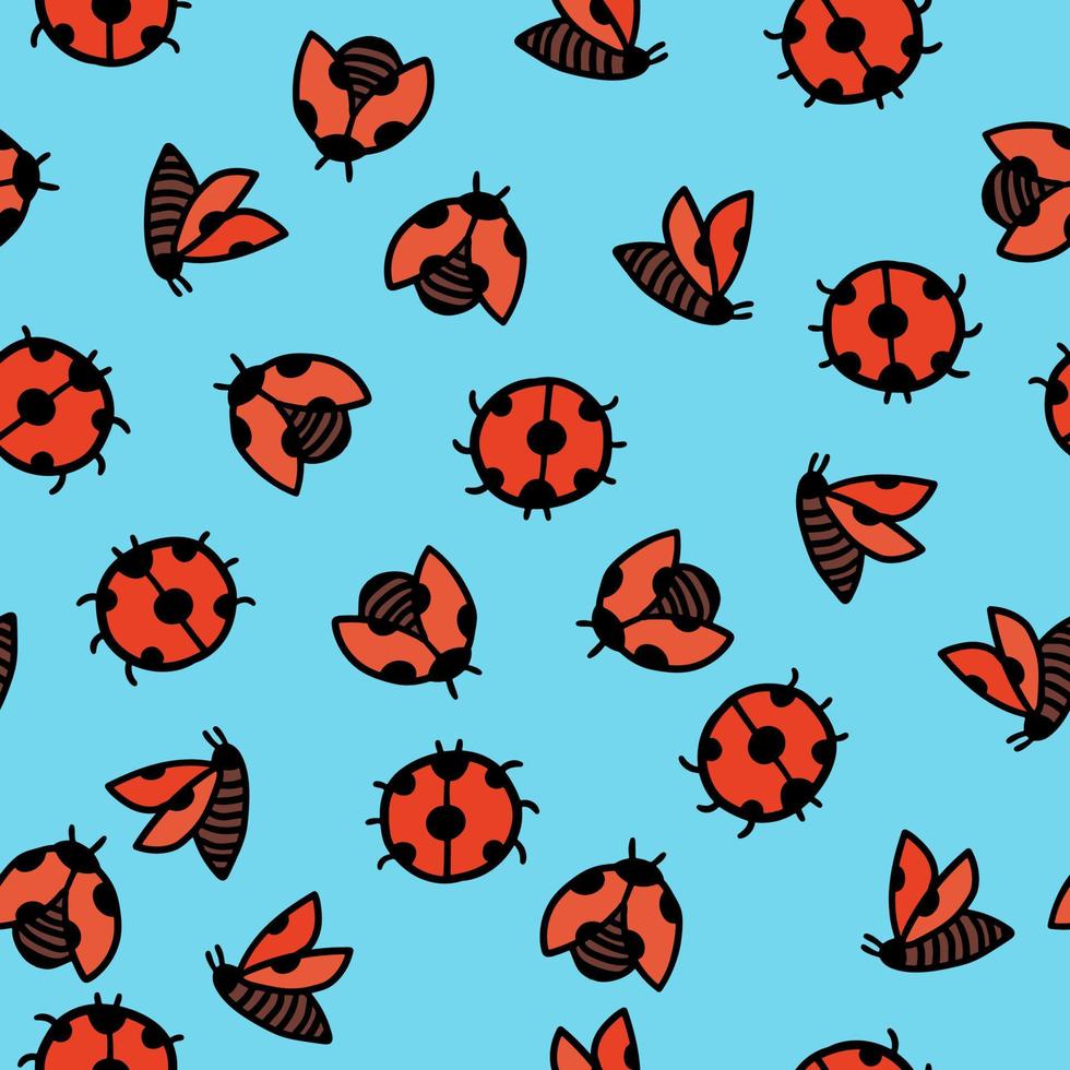 Ladybug sketch doodle seamless pattern. Ladybirds cute red insects flying. Vector isolated polka dot on blue background