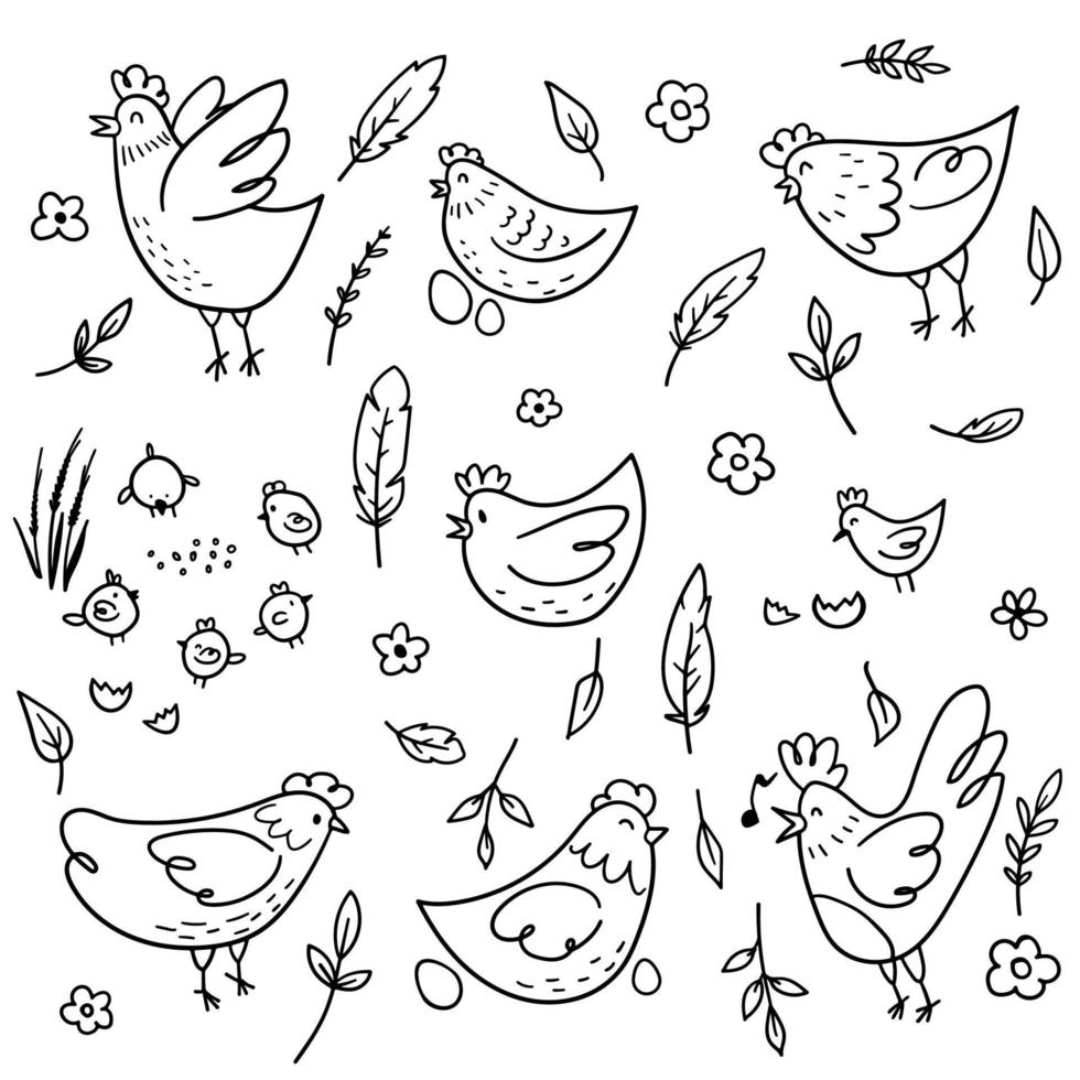 Vector sketch hand drawn doodle images of chickens, hens, roosters, eggs, feathers in cartoon style, line art. Elements for the eco design of the cover of food packaging, advertising banner, postcard