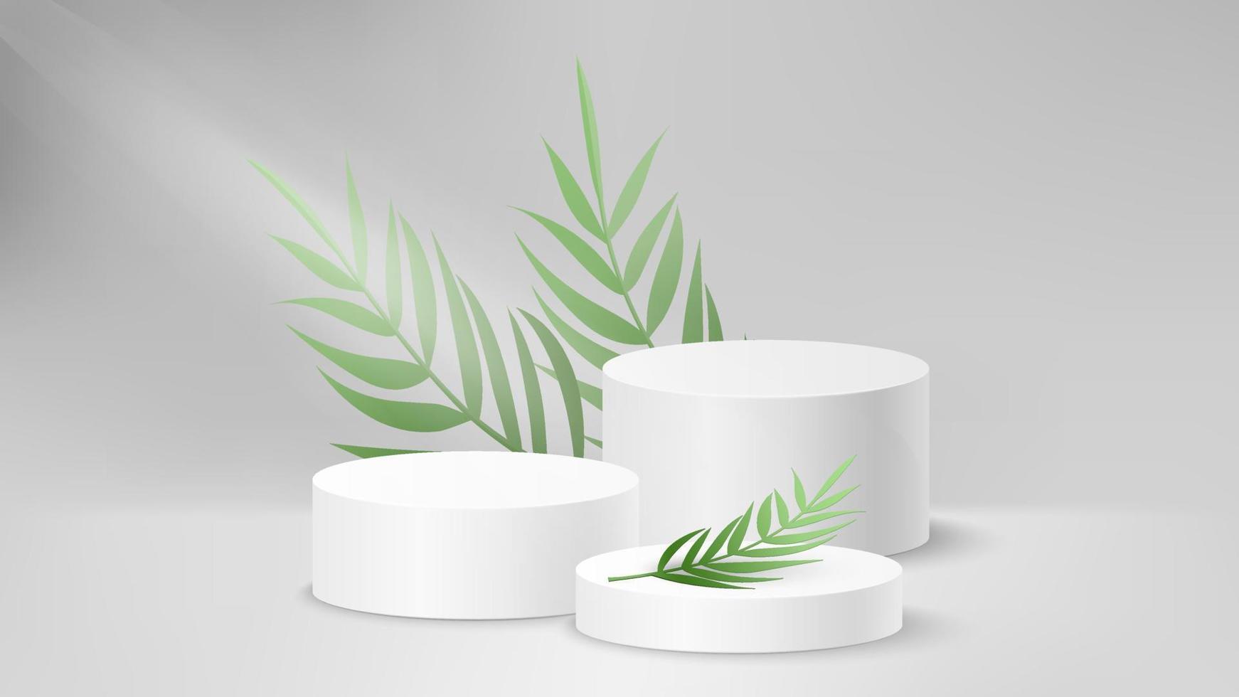 Gray light 3d background product display podium scene with leaf geometric platform. Stand to show cosmetic product. Realistic paper stage showcase on pedestal display monochrome backdrop. vector