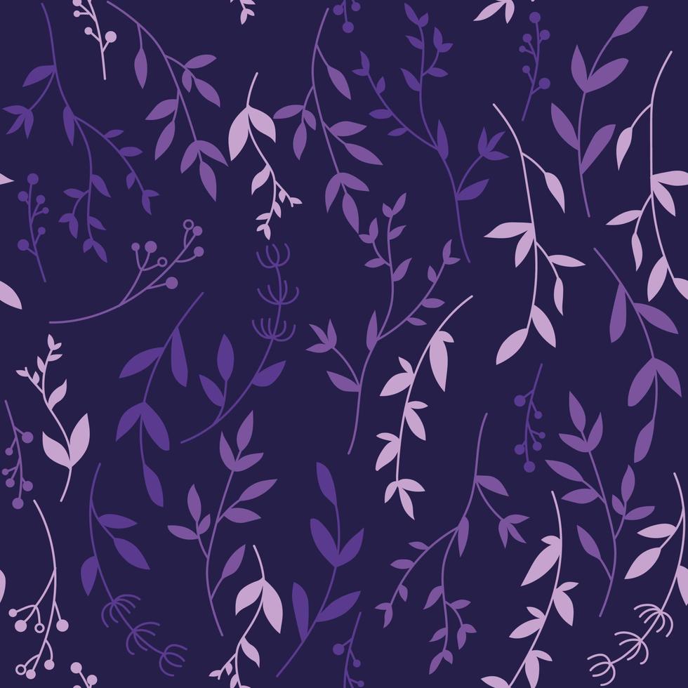 patrón de hojas violetas vintage sobre fondo violeta marino. ilustración floral de moda. para textiles, papel pintado, fondo, papel de regalo vector