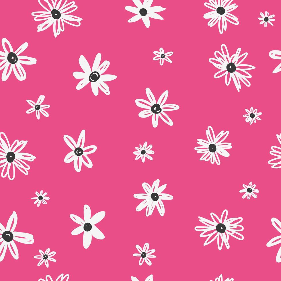 Flowers pattern in small white flowers. Floral seamless background of daisy for fashion prints. Vector texture in sketch style on pink
